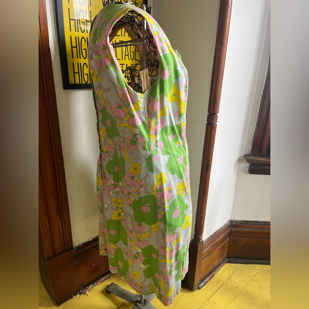 Vintage 60s Mod Psychedelic Floral Midi Dress - Green, Pink, Yellow - Picture 3 of 7